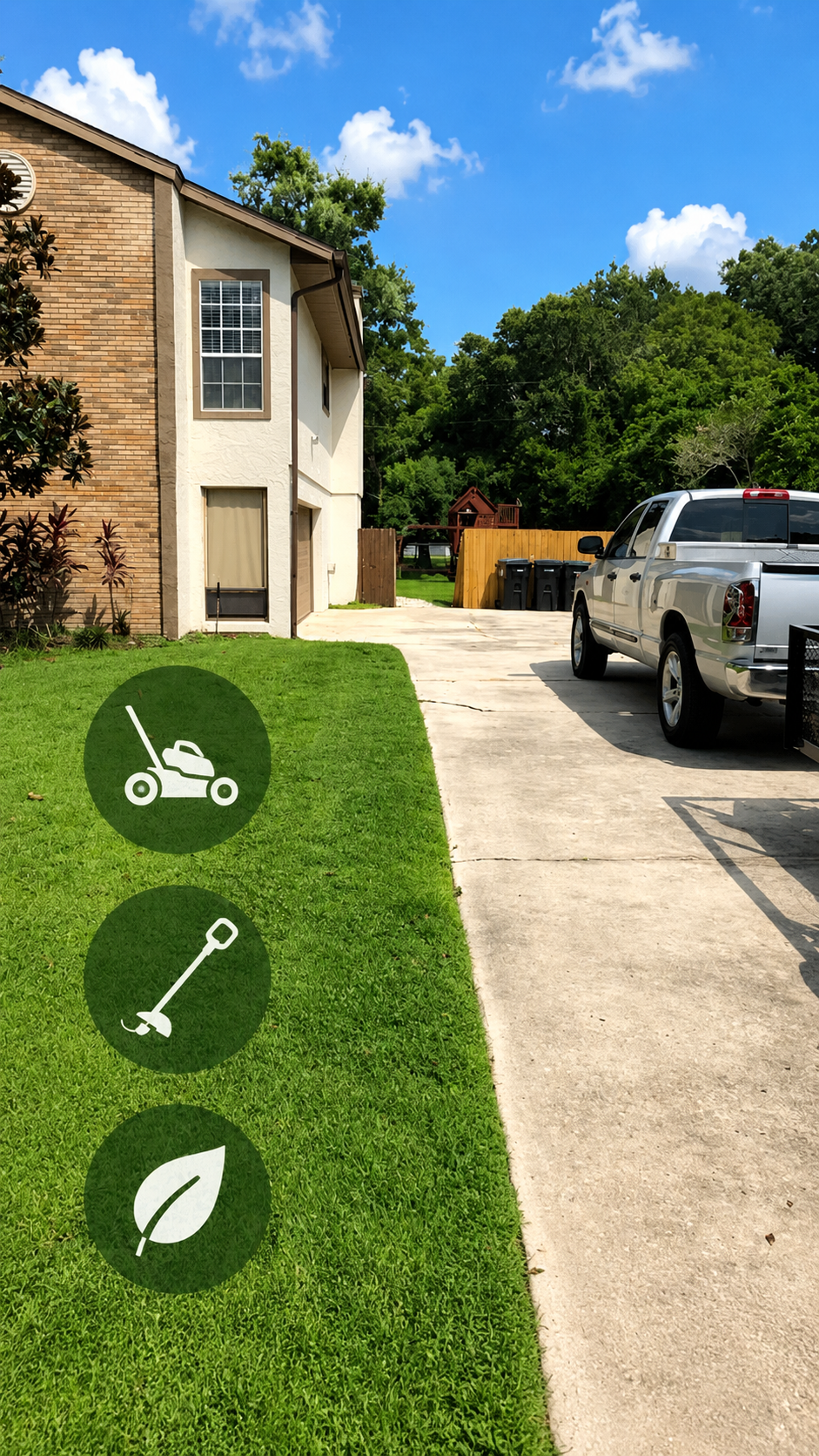 Manicured lawn beside a driveway with lawn-care service icons.